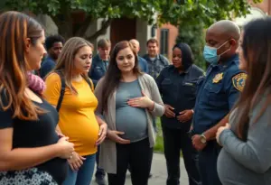 Community members discussing the implications of a cheerleader's arrest on concealed pregnancies.