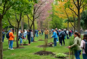 Community members planting trees in an urban park