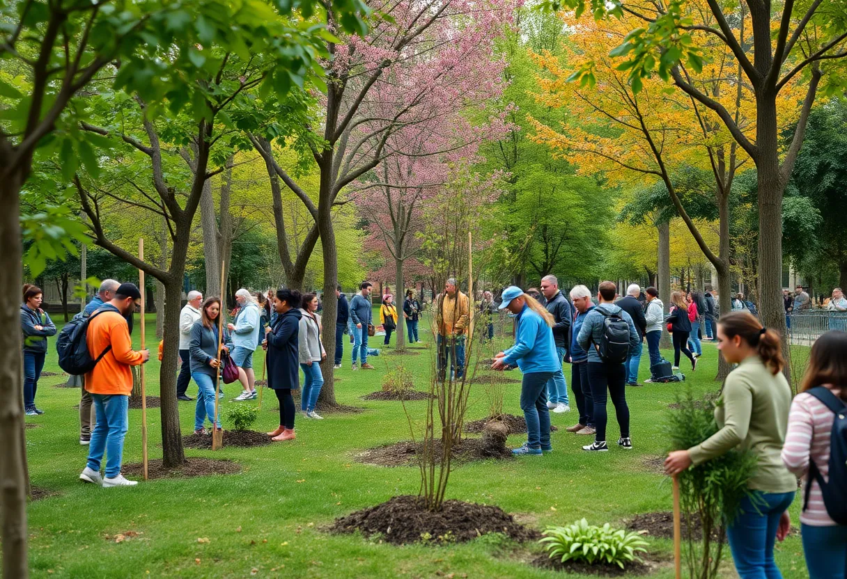 Community members planting trees in an urban park