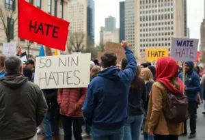 A diverse group of community members standing together in solidarity against hate in a city park.