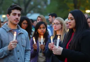 Community members holding candles at a vigil for gun violence awareness in Lexington.