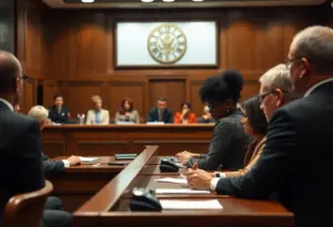 A solemn courtroom scene conveying the seriousness of a sentencing in a gun violence case.