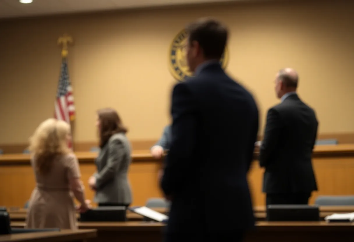 Courtroom illustration depicting tension and frustration in murder trials.