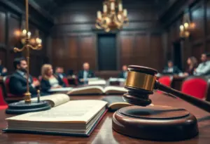 Dramatic courtroom scene with gavel and legal books