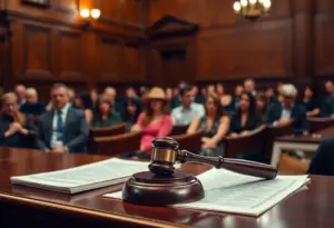 A courtroom filled with people during a high-profile murder trial