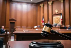 Courtroom scene depicting a trial setting