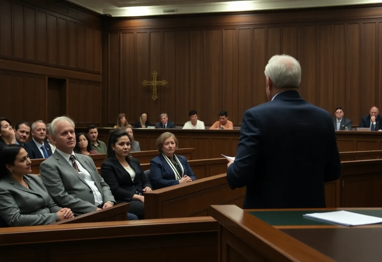 Courtroom during Travis Rudolph's trial with a jury and defense lawyer