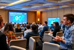 Conference attendees discussing cybersecurity topics at CyberCon