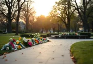 A peaceful scene of remembrance with flowers in a park
