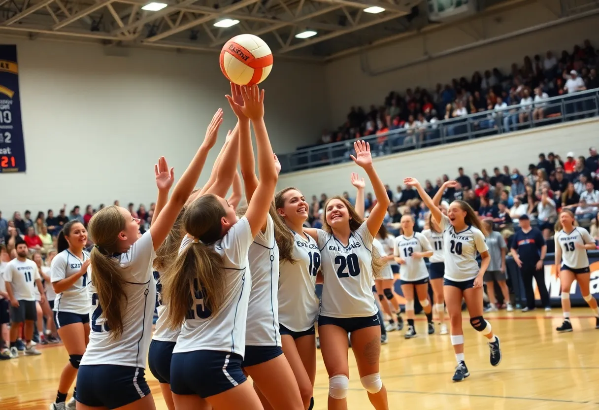 Frederick Douglass High School volleyball team celebrating a district championship victory.