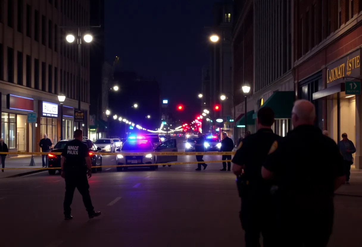 A police investigation scene in downtown Lexington at night
