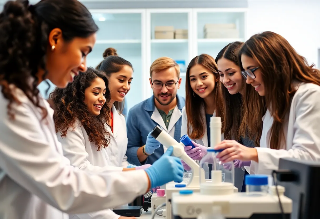 A diverse group of students working in a biomedical research laboratory