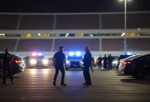 Police lights in a stadium parking lot