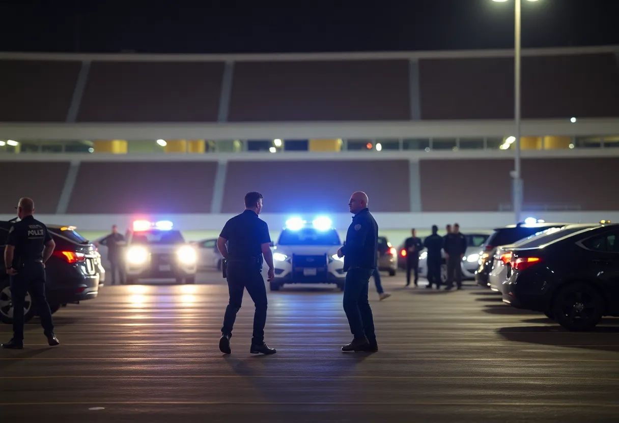 Police lights in a stadium parking lot