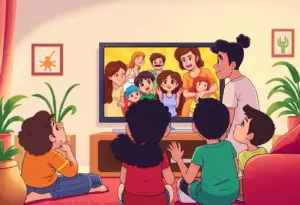 Illustration of a diverse family watching television with animated characters, representing inclusion.