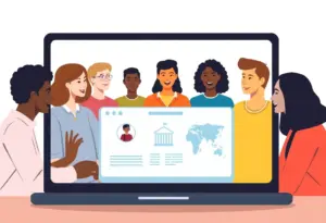 Illustration of residents engaging in a virtual civic meeting.