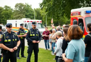 Community members and police officers interacting at the Faith and Blue event.