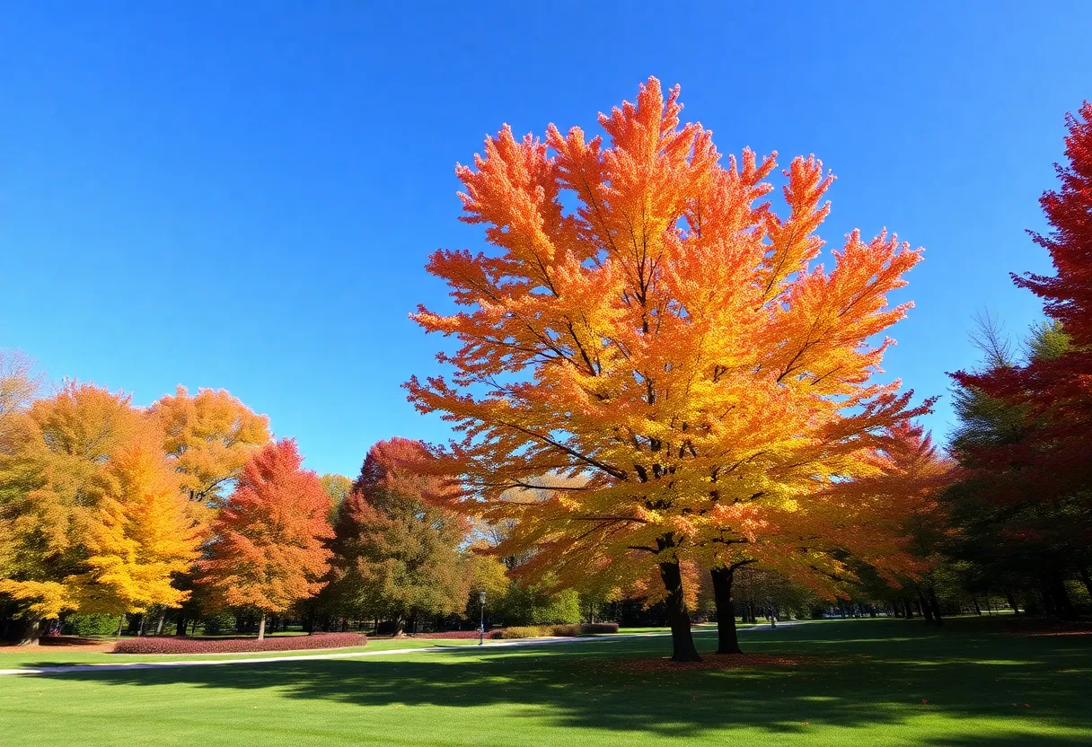 A park in Lexington, Kentucky with vibrant autumn leaves and clear skies