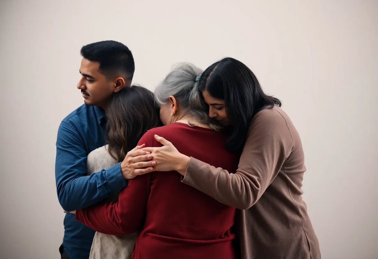 Family members standing together in a supportive embrace following a tragedy
