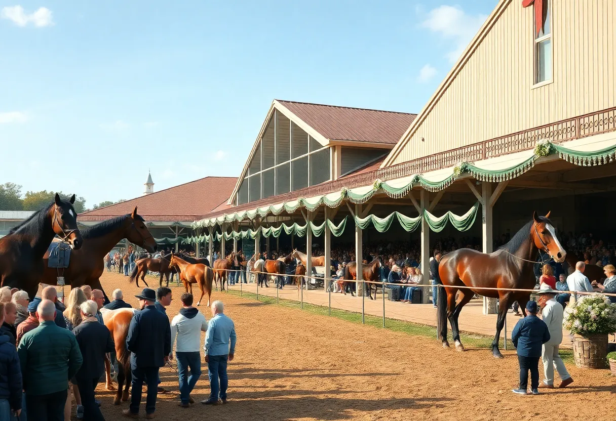 A scene from the Fasig-Tipton November Sale showcasing horses and attendees at the pavilion.