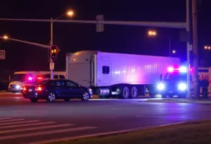 Semi-truck and passenger vehicle collision scene on Newtown Pike