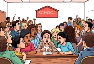 Illustration of a school board meeting with diverse members discussing budget challenges.