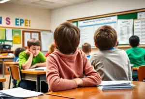 Students in a classroom engaged in learning amid fiscal review discussions.