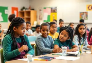 Diverse students participating in arts education in a classroom setting