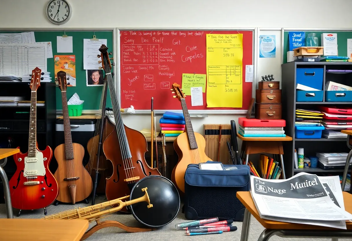 Classroom interior with musical instruments and supplies showing teacher's commitment