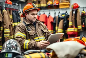 Firefighter browsing e-commerce platform for firefighting gear