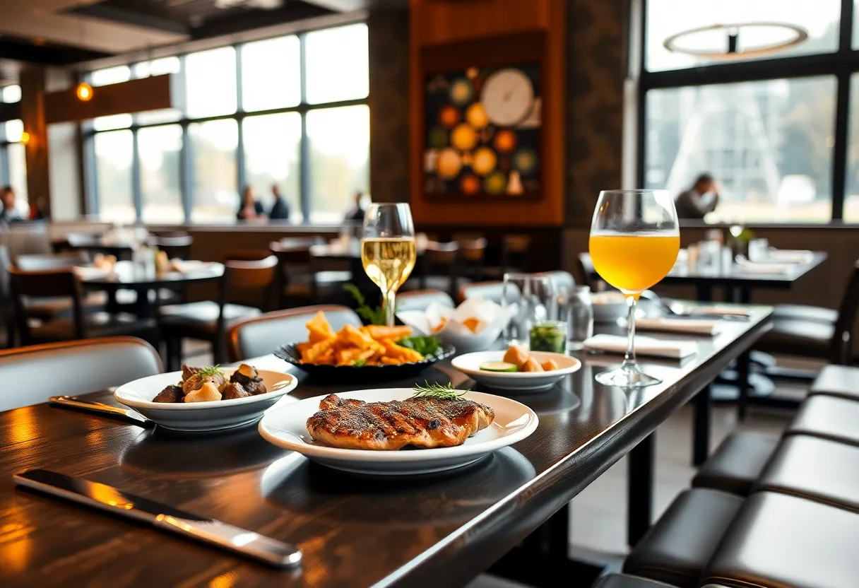 Dining area at Firebirds Wood Fired Grill with grilled dishes