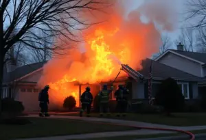 Firefighters managing a house fire in Lexington, Kentucky