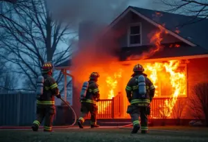 Firefighters extinguishing a house fire in Lexington