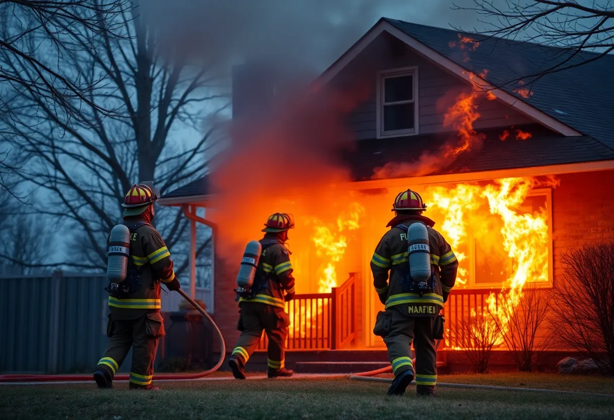 Firefighters extinguishing a house fire in Lexington