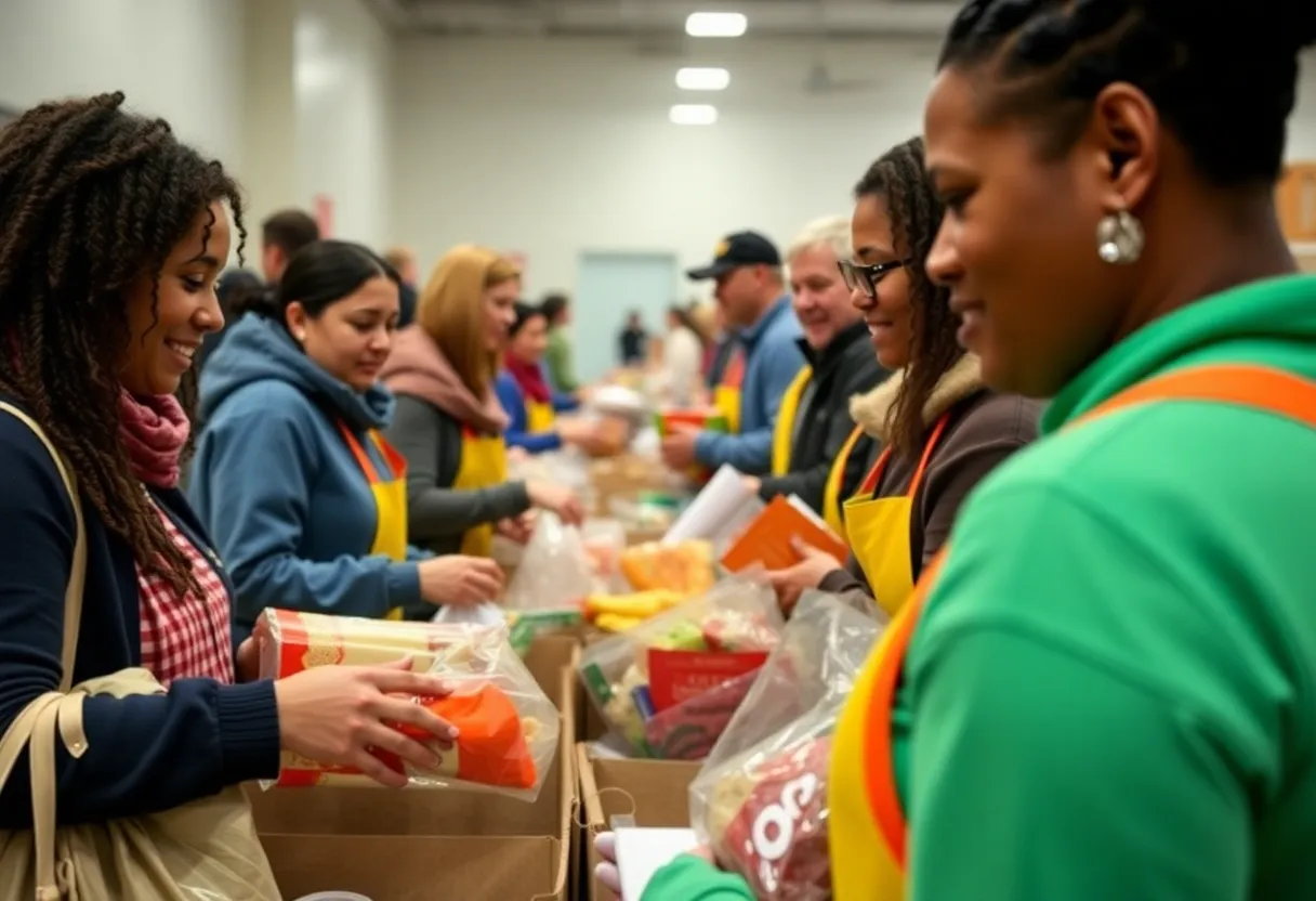 Volunteers at a food bank distributing food during increased demand
