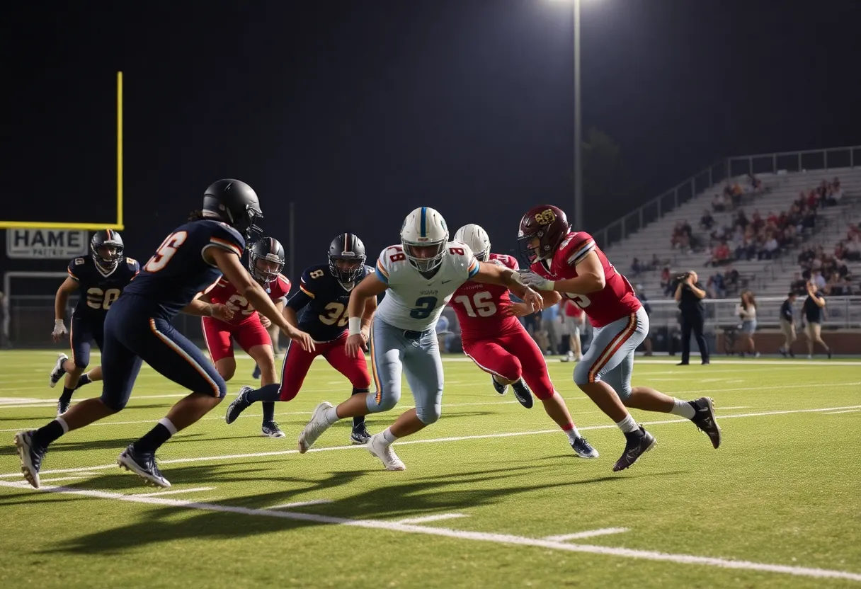 Frederick Douglass Broncos football team in action during a game.