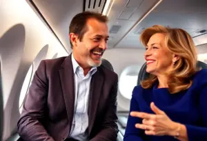 Two television personalities seated together on a flight, sharing a moment of camaraderie.