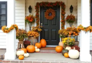 Decorated porch with decorative pumpkins for fall