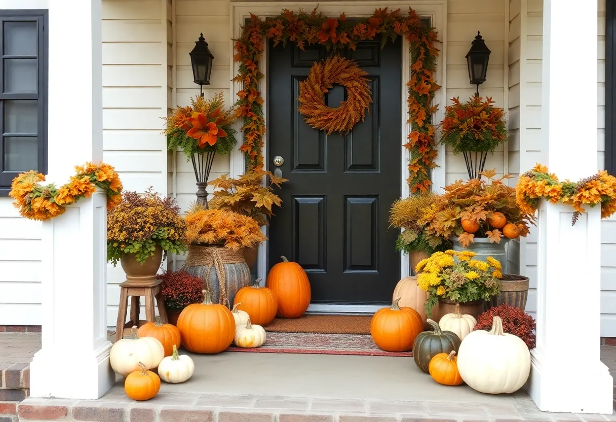 Decorated porch with decorative pumpkins for fall