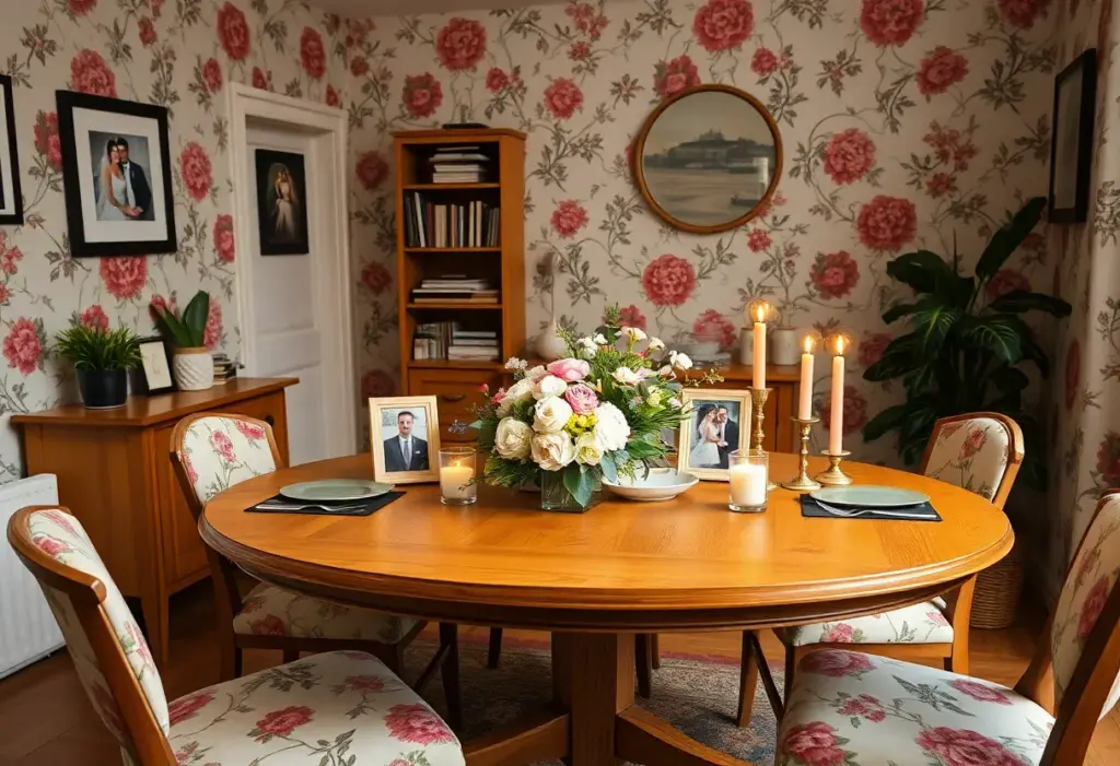 A floral couch and oak dining table in a graduate student apartment