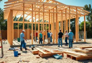 Volunteers working on a Habitat for Humanity construction site