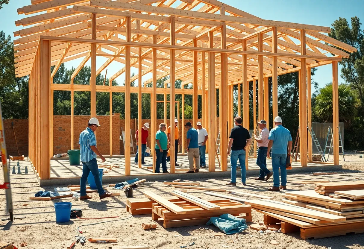 Volunteers working on a Habitat for Humanity construction site