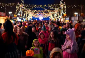 Crowd at a Halloween event in Lexington, Kentucky, emphasizing safety.
