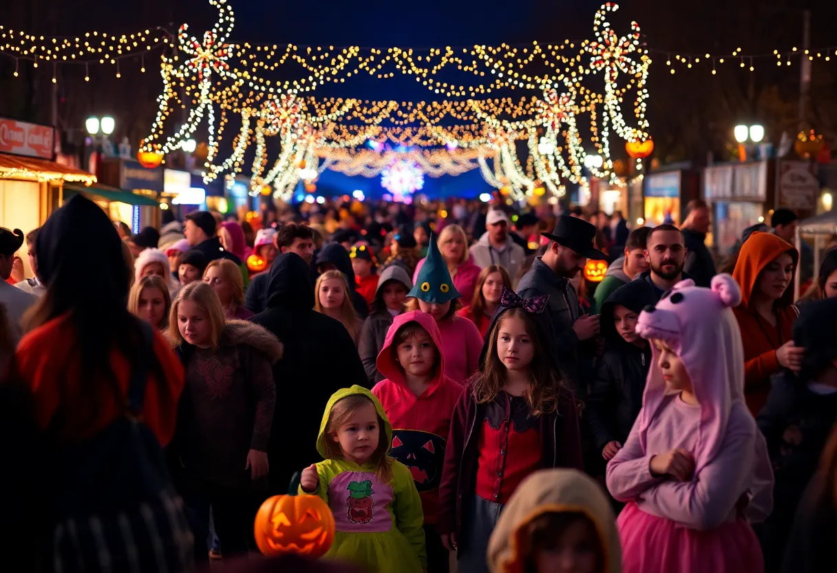 Crowd at a Halloween event in Lexington, Kentucky, emphasizing safety.