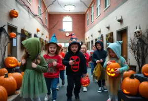 Children enjoying trick-or-treating in decorated residence halls for Halloween.