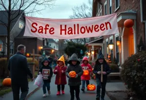 Children enjoying a safe Halloween celebration in a neighborhood.