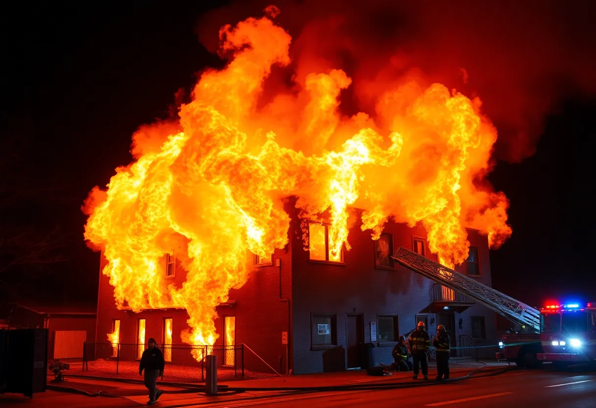 Firefighters extinguishing a building fire in Harrodsburg, Kentucky.