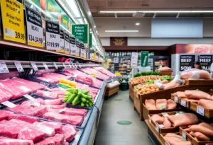 Meat counter displaying elevated beef prices amidst alternative protein options.