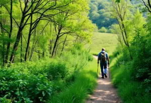 A hiker walking on a scenic trail surrounded by nature, representing personal reflection.
