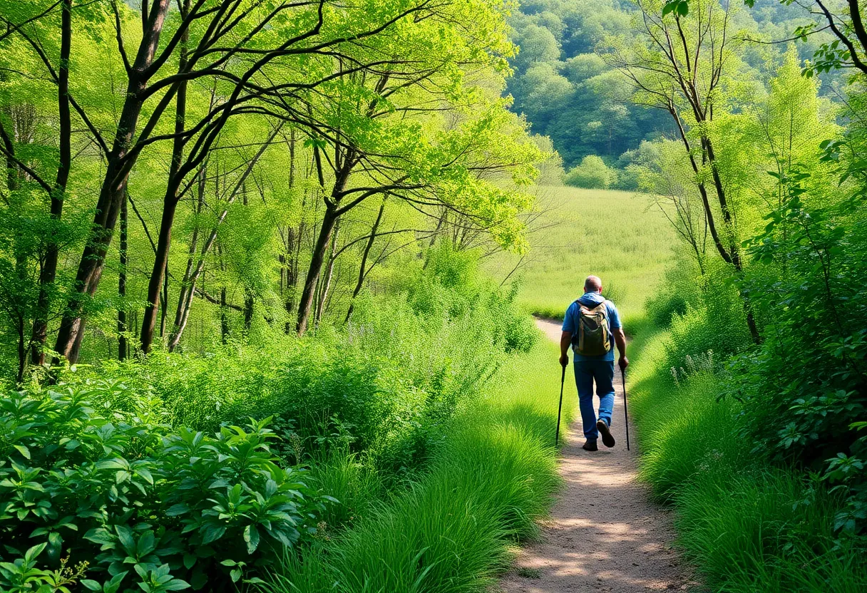 A hiker walking on a scenic trail surrounded by nature, representing personal reflection.